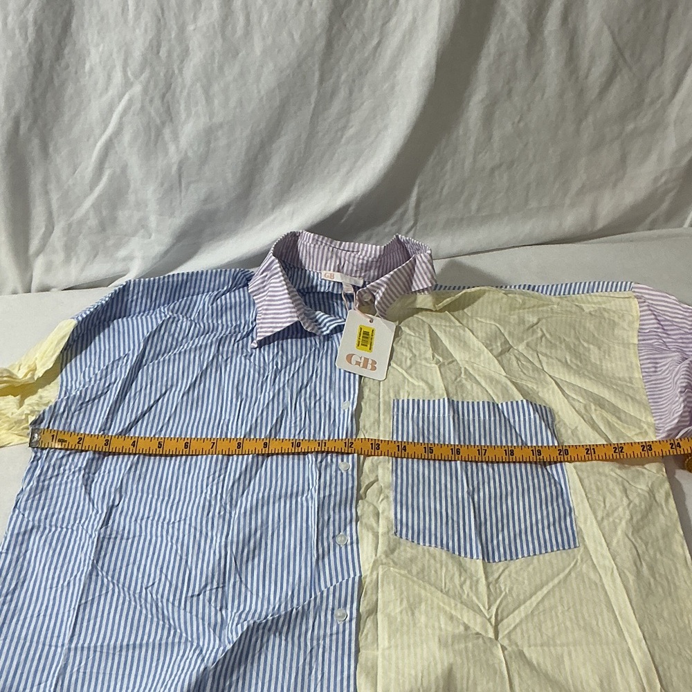 Gianni Bini Colorblock Striped Button-Down Shirt - Blue, Yellow & Pink - Picture 8 of 9
